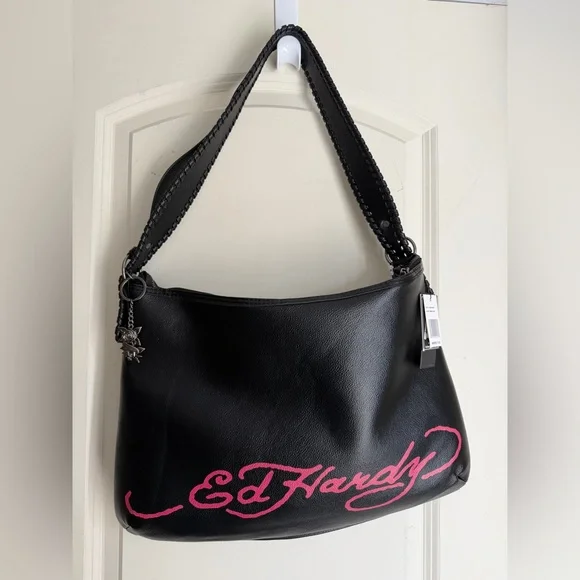 NEW ED HARDY DENIM SKULL, RHINESTONES and FLOWERS SHOULDER BAG Y2K biker - Picture 2 of 9